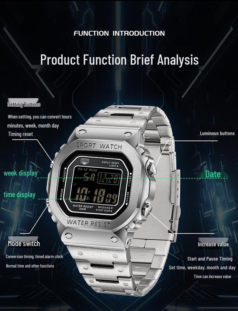 Sanda Men's Square Waterproof Electronic Watch with Fashionable Light and Alarm Clock.