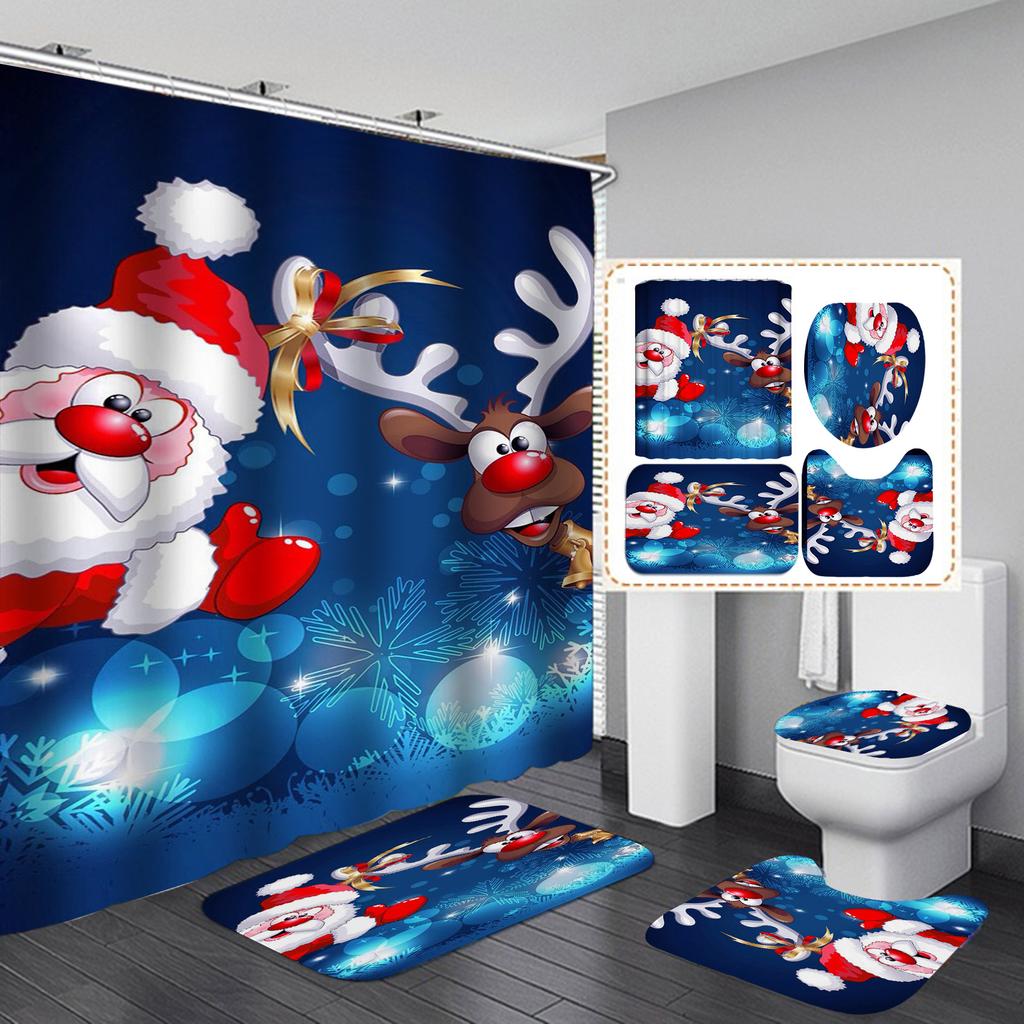 Merry Christmas Bathroom 4Pcs Set Snowman Santa Claus Pattern Waterproof Shower Curtain Toilet Cover Mat Non Slip Rug Home Decor