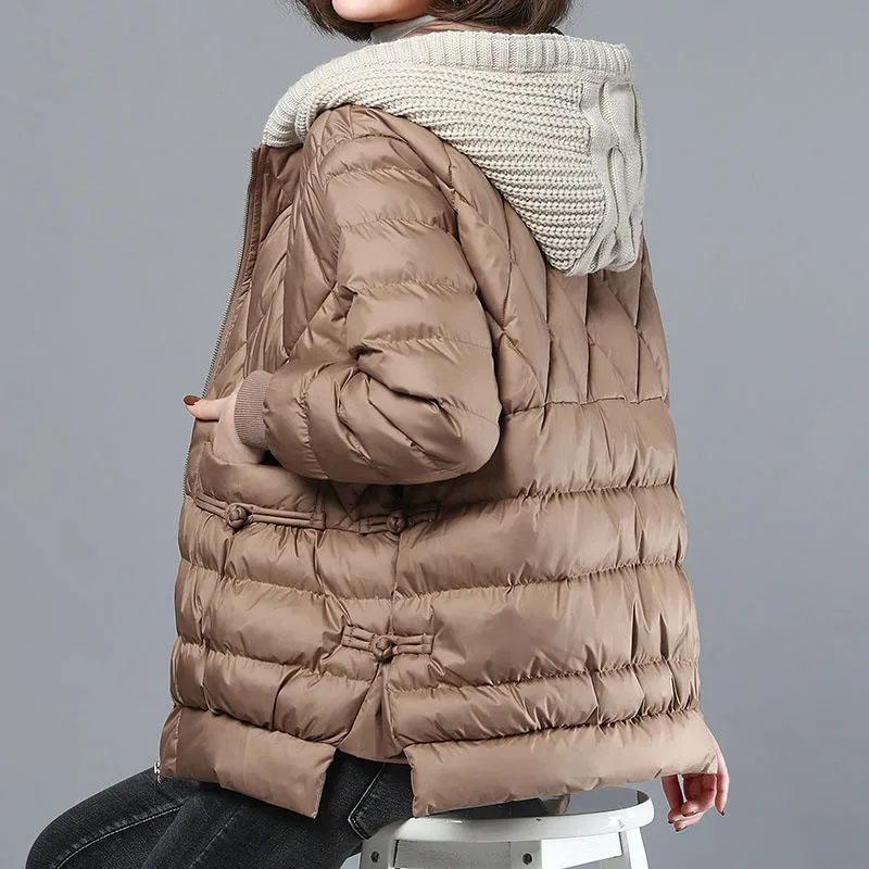 Korean Hooded Angular Grid Parkas Outwear Female Fashion Cotton Padded Coat Winter Ladies Long Sleeves Down Cotton Overcoat