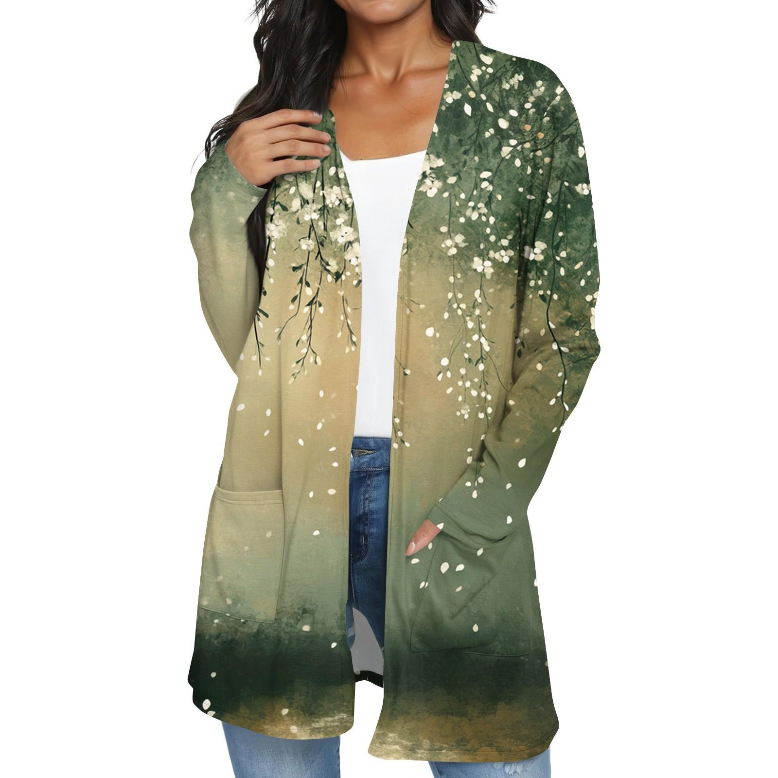 

Women s Fashion Casual Retro Floral Print Mid-Length Cardigan Jacket L армія зелений колір