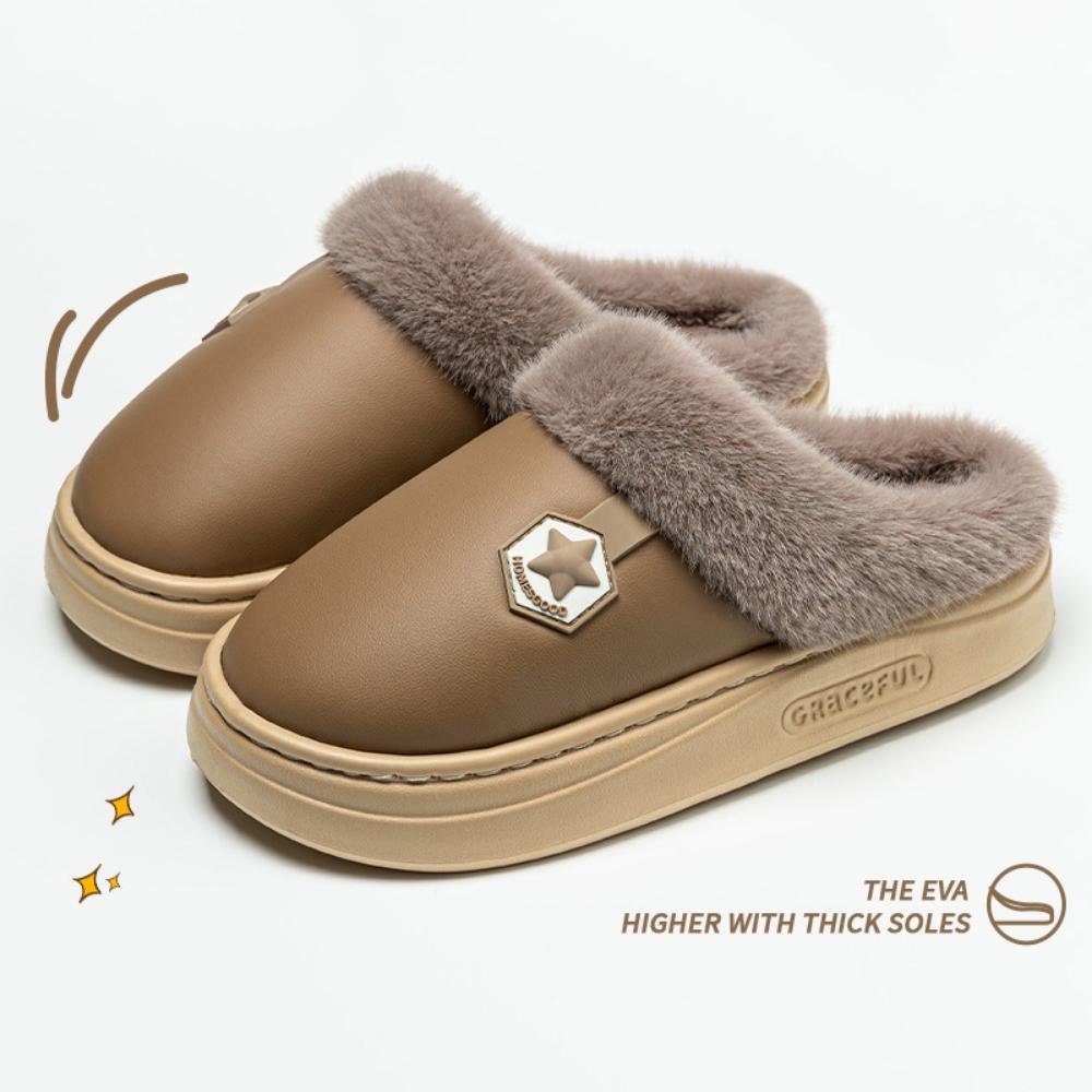 Unisex Closed-Toe House Slippers with Plush Lining, PU Upper, Thick EVA Sole and Slip-On Design for Indoor Winter Wear