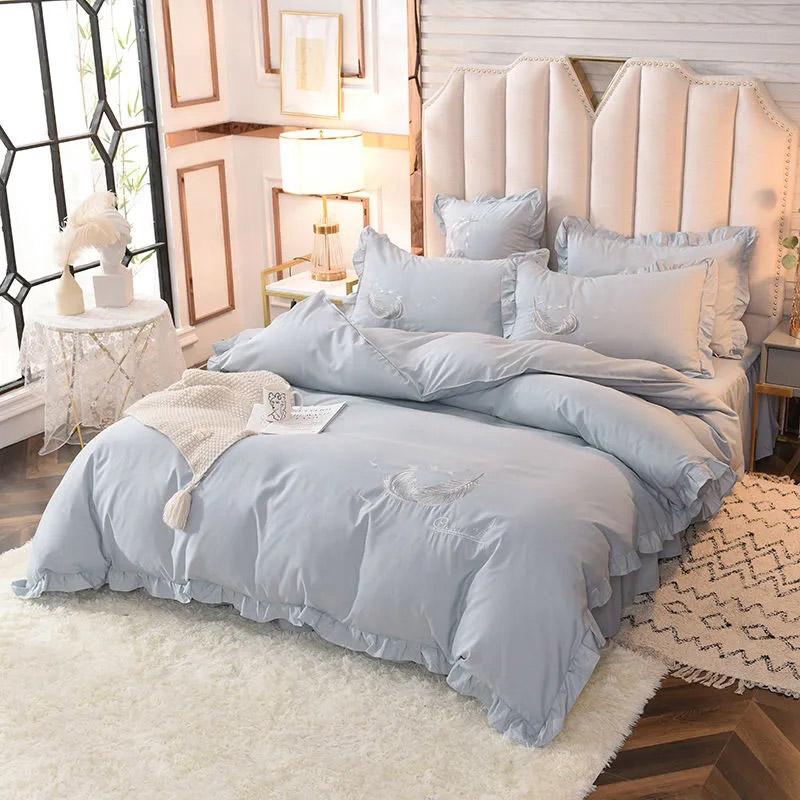 4pcs/set Korean Feather Embroidered Bed Skirt Bedding Set Female Princess Style Solid Color Double Sheet Quilt Cover Pillowcases Set