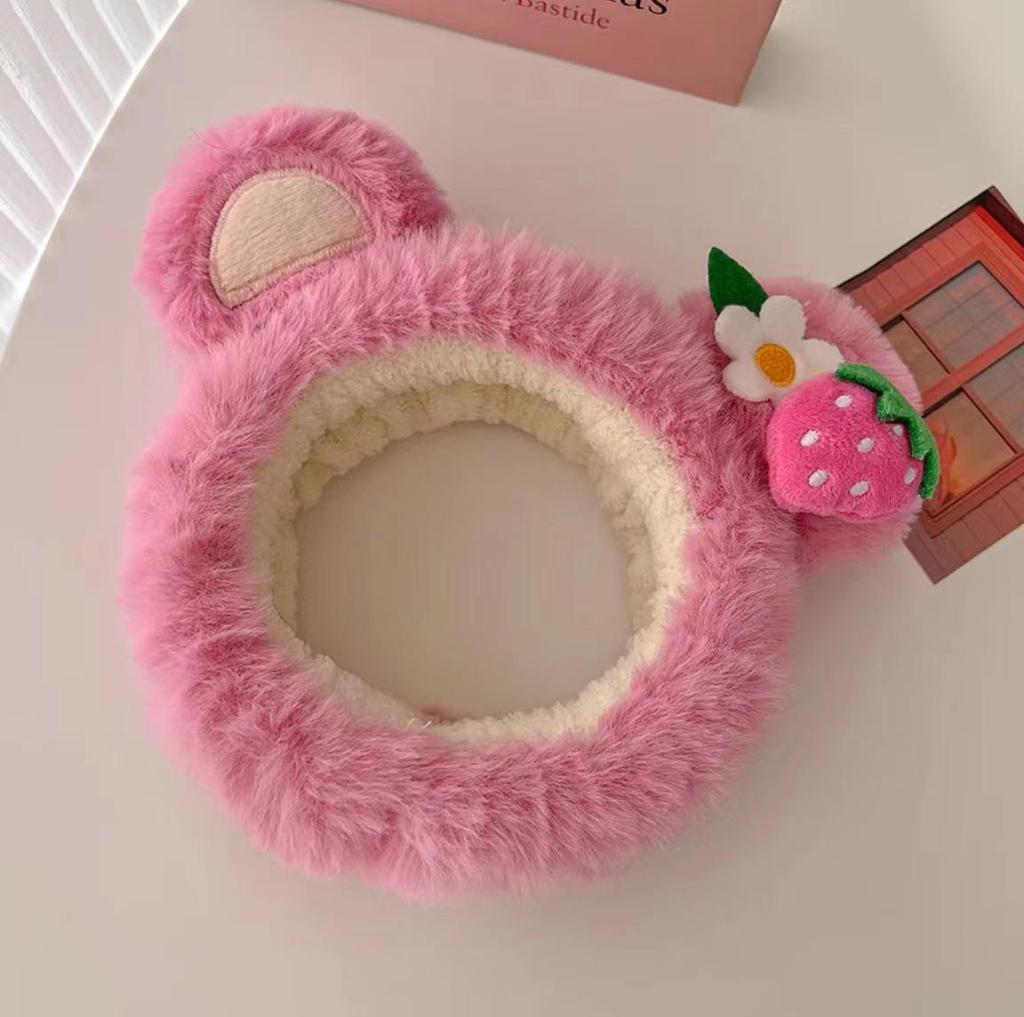 Strawberry Bear Plush Headband - Non-slip Cute Cartoon Hair Clip for Girls
