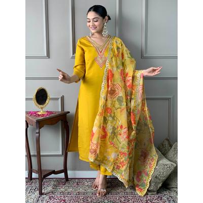 Women Bollywood Chanderi Kurti Indian Designer Top Tunic Kurta Pant Dupatta Set SC-2289