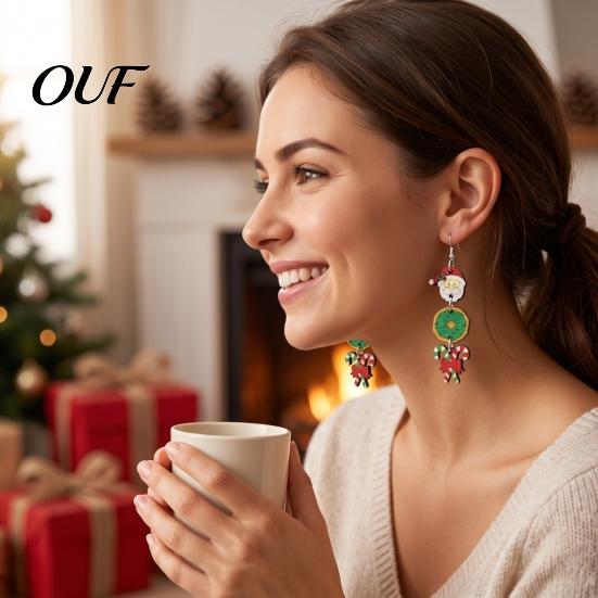 Cute Cartoon Ear Jewelry 1 Pair Christmas Wooden Dangle Drop Earrings for Women, Santa Women Seasonal Accessories Gingerbread Candy Cane Earrings,