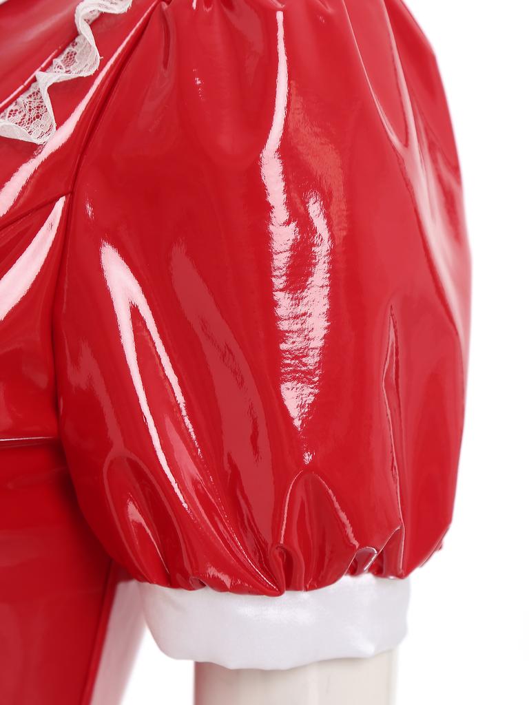 Women French Maid Dress Satin Lapel Collar Lace Trim Short Sleeve Wet Look PU Maxi Apron Costume