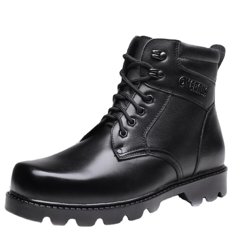 Men's High-Top Leather Combat Boots - Thick Sole, Bright Finish, Fur-Lined, Martin Style Snow Boots