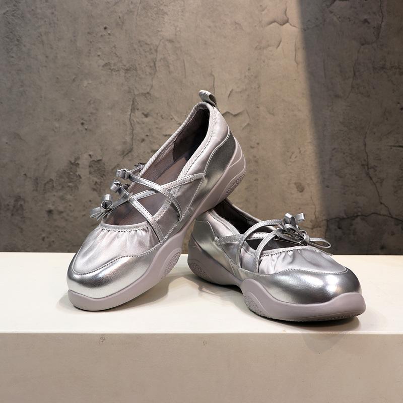 Sheepskin Dong Jie's same 6cm inner height increase women's shoes ballet soft-soled sneakers bow Mary Jane shoes single shoes