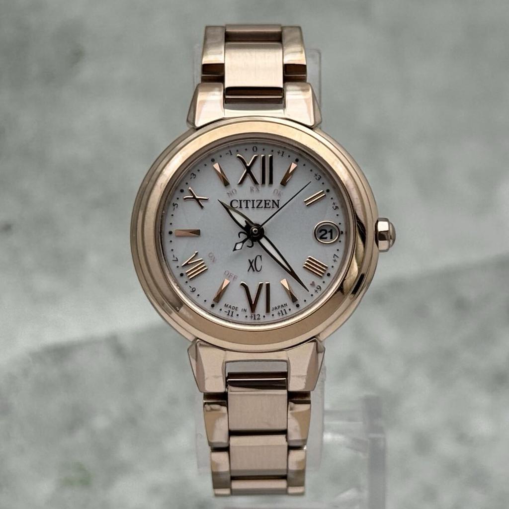 CITIZEN xC Cross Sea Pink Gold Silver Dial Watch Radio Solar Roman Numerals Ladies ES9435-51A Eco-Drive
