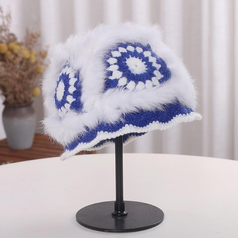 Fashion Real Fur Bucket Hat All-match Knitted Rabbit Fur Fisherman Hat Women s Autumn and Winter Basin Hat Warm Plush Hat синий