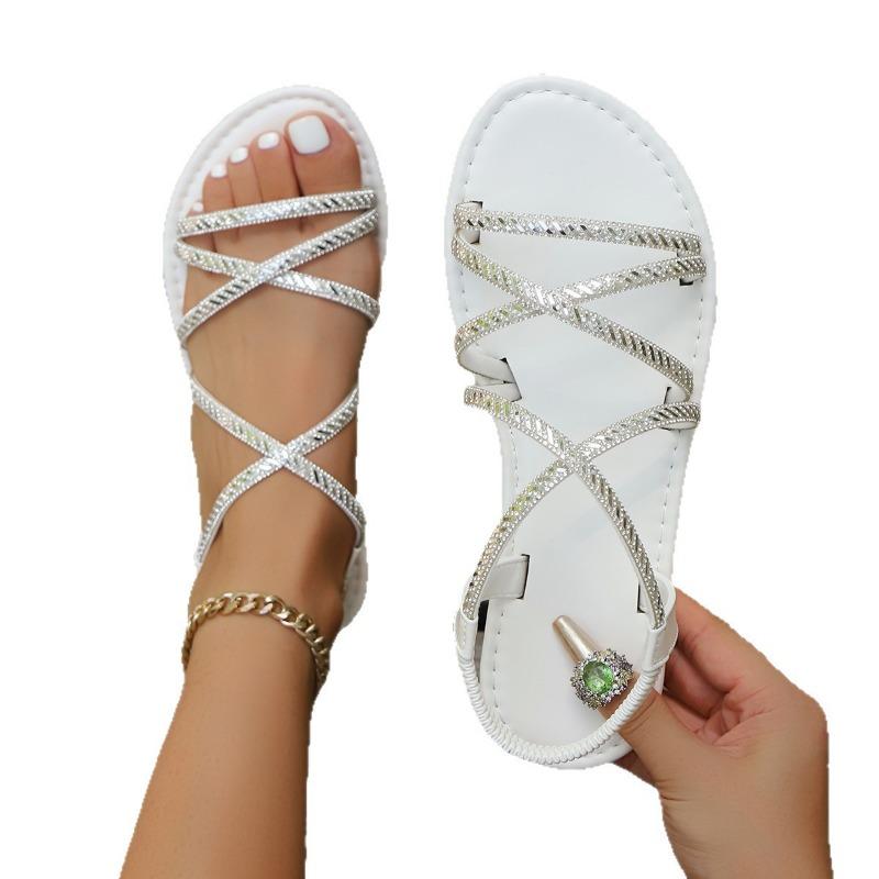 Rhinestone flat sandals women's summer new large size casual elastic band women's beach sandals