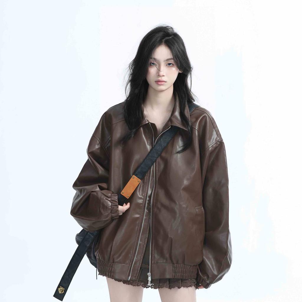 Brown Motorcycle PU Leather Jacket Women's Autumn American Retro Loose Jacket Trend