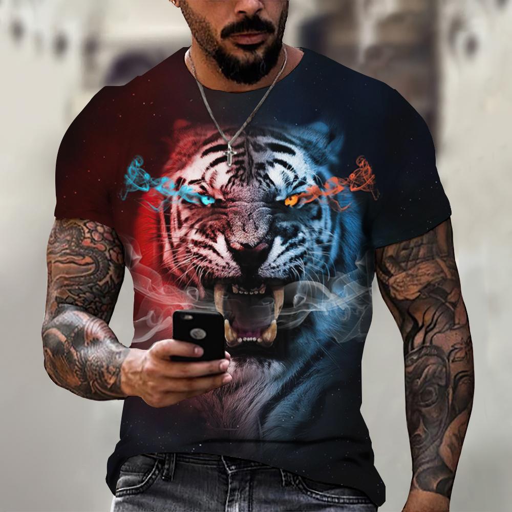 Men's T-shirt Summer Outdoor Breathable Round Neck Top Short Sleeve 3D Tiger Printed Pattern Large Loose Men's Tshirt