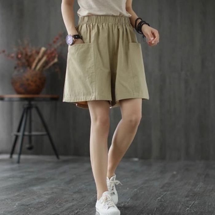 Women's Cotton Pocket Shorts - Summer Casual, Wide-Leg, Elastic Waist, Plus Size, Five-Point Length
