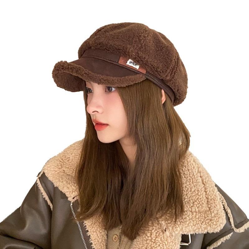 Autumn and winter hats women's imitation lamb wool fashion leather label octagonal hat warm and cold-proof face cap