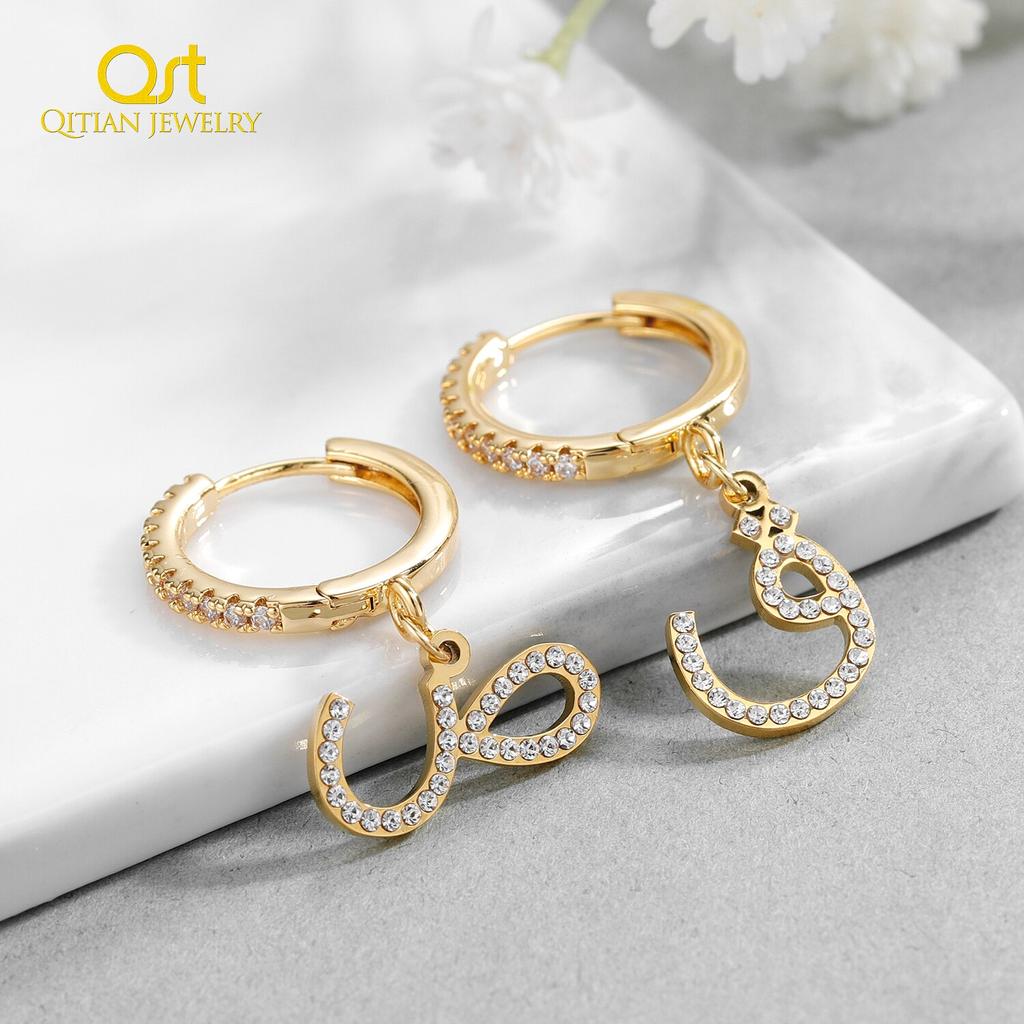 Arabic Letter Earring Iced Out Cubic Zirconia Round Initial Earring Personalized Stainless Steel Women Earrings Islamic Jewelry