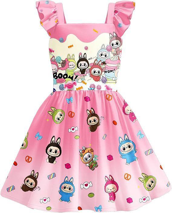 Summer new LABUBU cartoon cute children's nightdress short-sleeved ruffle edge thin digital print