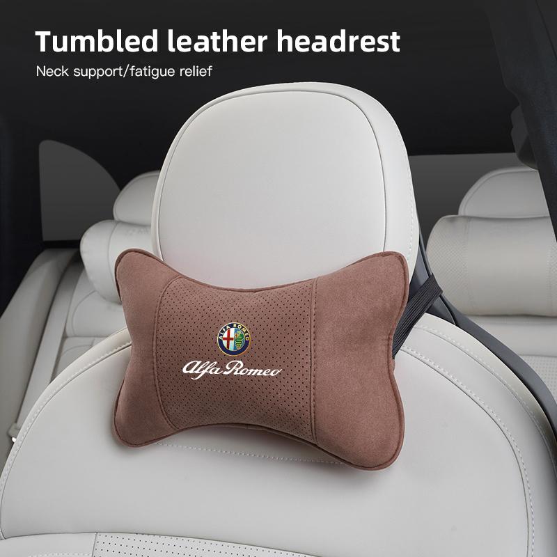 1Pcs Car Neck Pillow Suede Car Seat Headrest Accessories For Alfa Romeo 156 159 147 4C 8C 166 Giulia Giulietta Mito Stelvio
