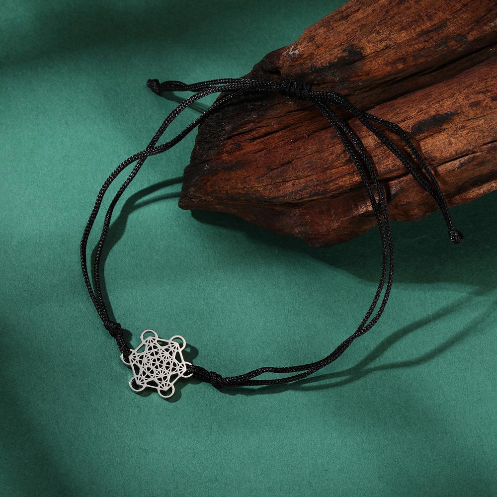 Dawapara Flower of Life Metatron Cube Bracelet for Women Men Adjustable Rope Chain Stainless Steel Charm Bracelet Couple Jewelry
