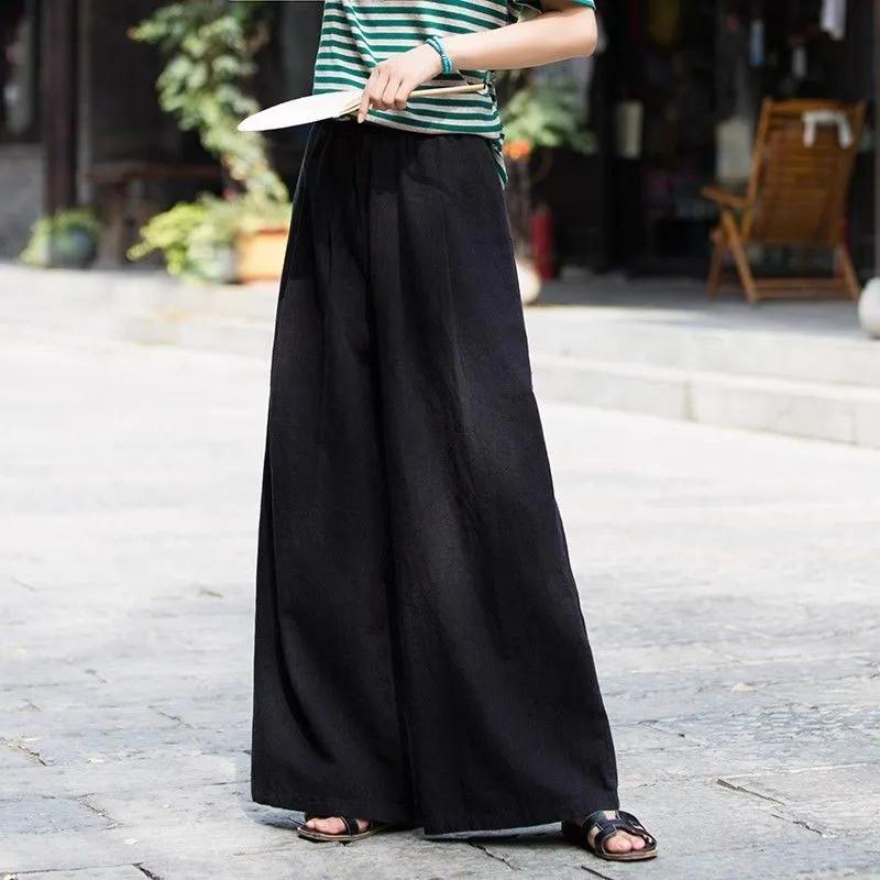 Women's Summer Loose Fit Burgundy Linen Wide Leg Pants with Pockets