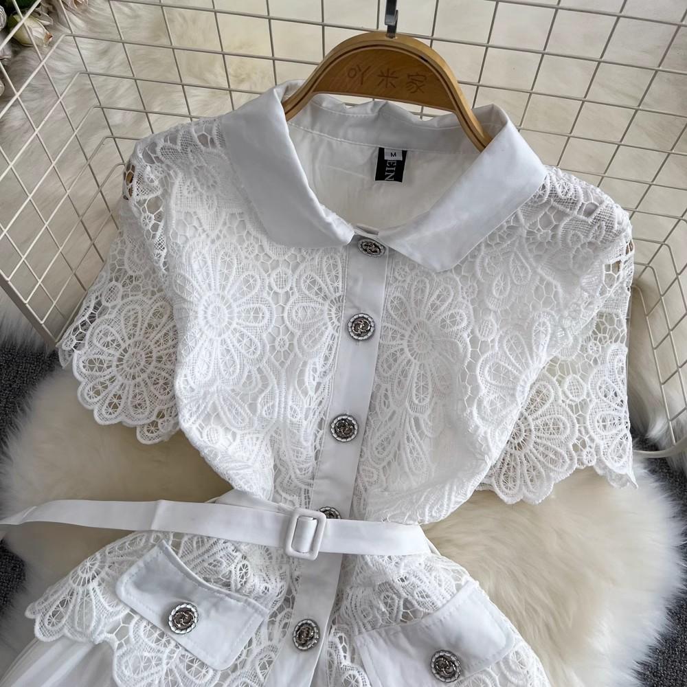 Summer Elegant Crochet Lace Patchwork Chiffon Pleated Dress Women's Short Sleeve Runway Party Dresses With Belt