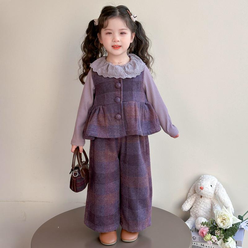 

Весенний клетчатый костюм-тройка для девочек 2025 года - Мода в корейском стиле для младенцев и малышей 100 cm фиолетовый
