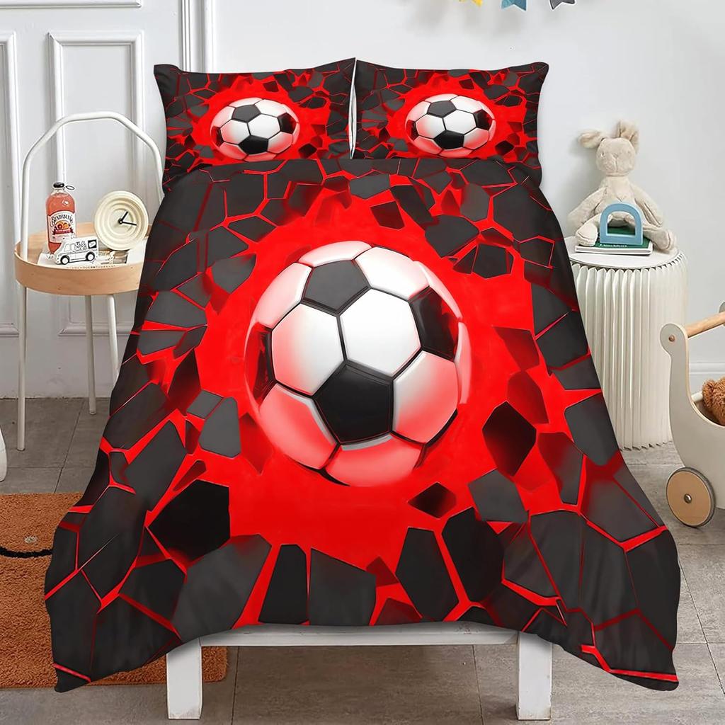 Boys Football Print Duvet Cover Set, Sport Soccer Player Bedding Set,Cartoon Watercolor Bedding Set for Adult Kids Birthday Gift