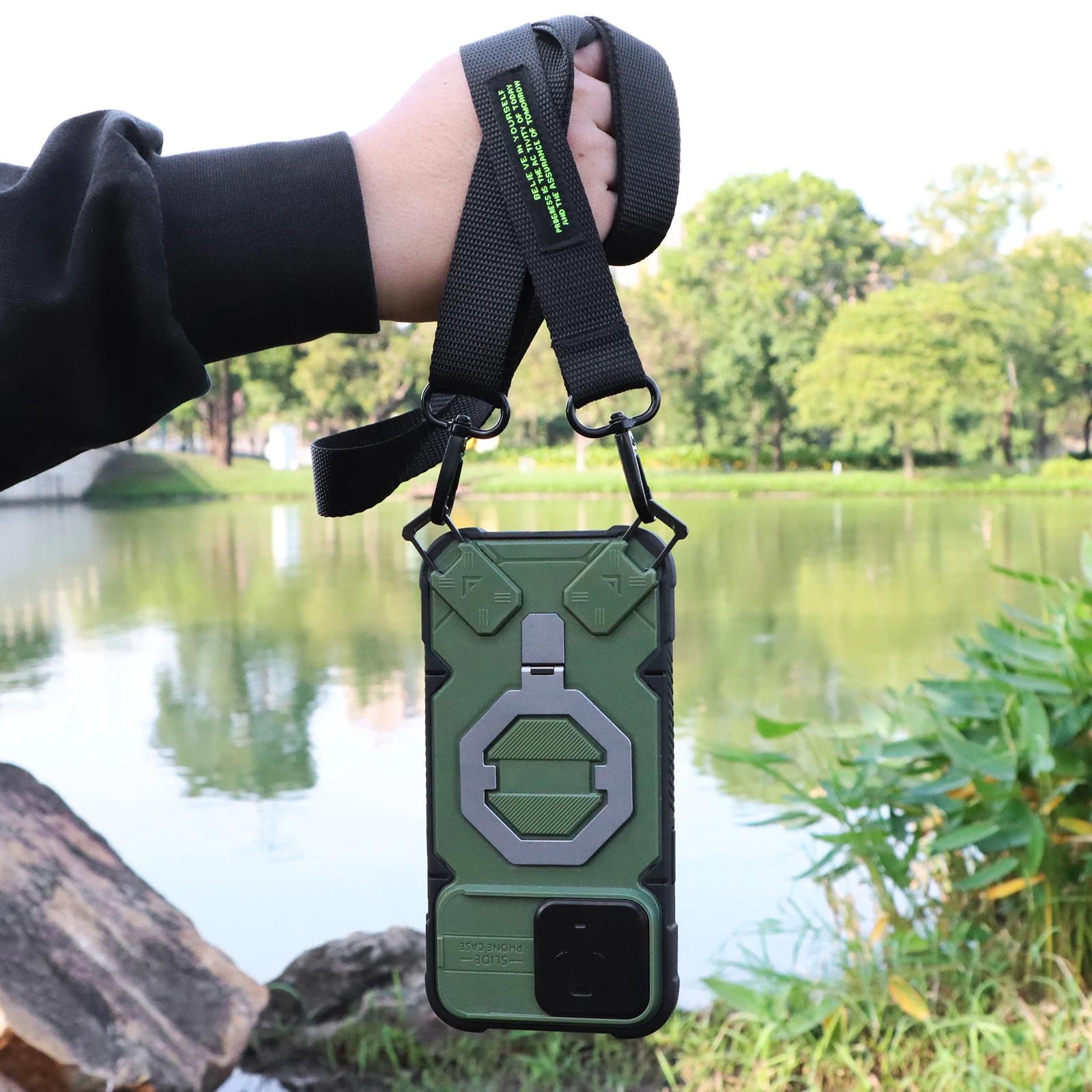 

Чехол для телефона Crossbody Rope Camera Sliding Window Protection для iPhone 16 15 Plus 14 13 Pro Max с магнитной подставкой и противоударным покрытием For iPhone 13 Pro Max&Case & Strap