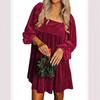 Womens Loose Fit Square Neck Long Sleeve Velvet Babydoll Dresses Dress