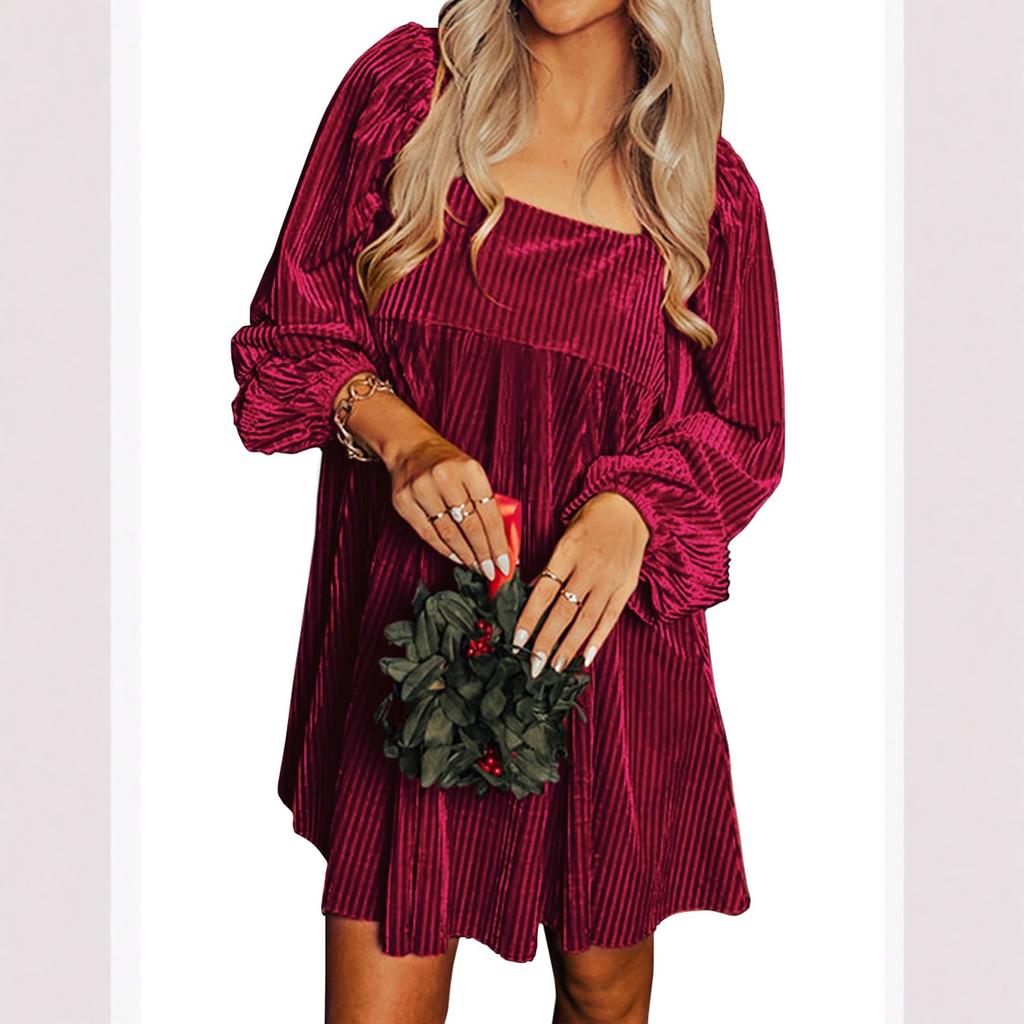 Womens Loose Fit Square Neck Long Sleeve Velvet Babydoll Dresses Dress