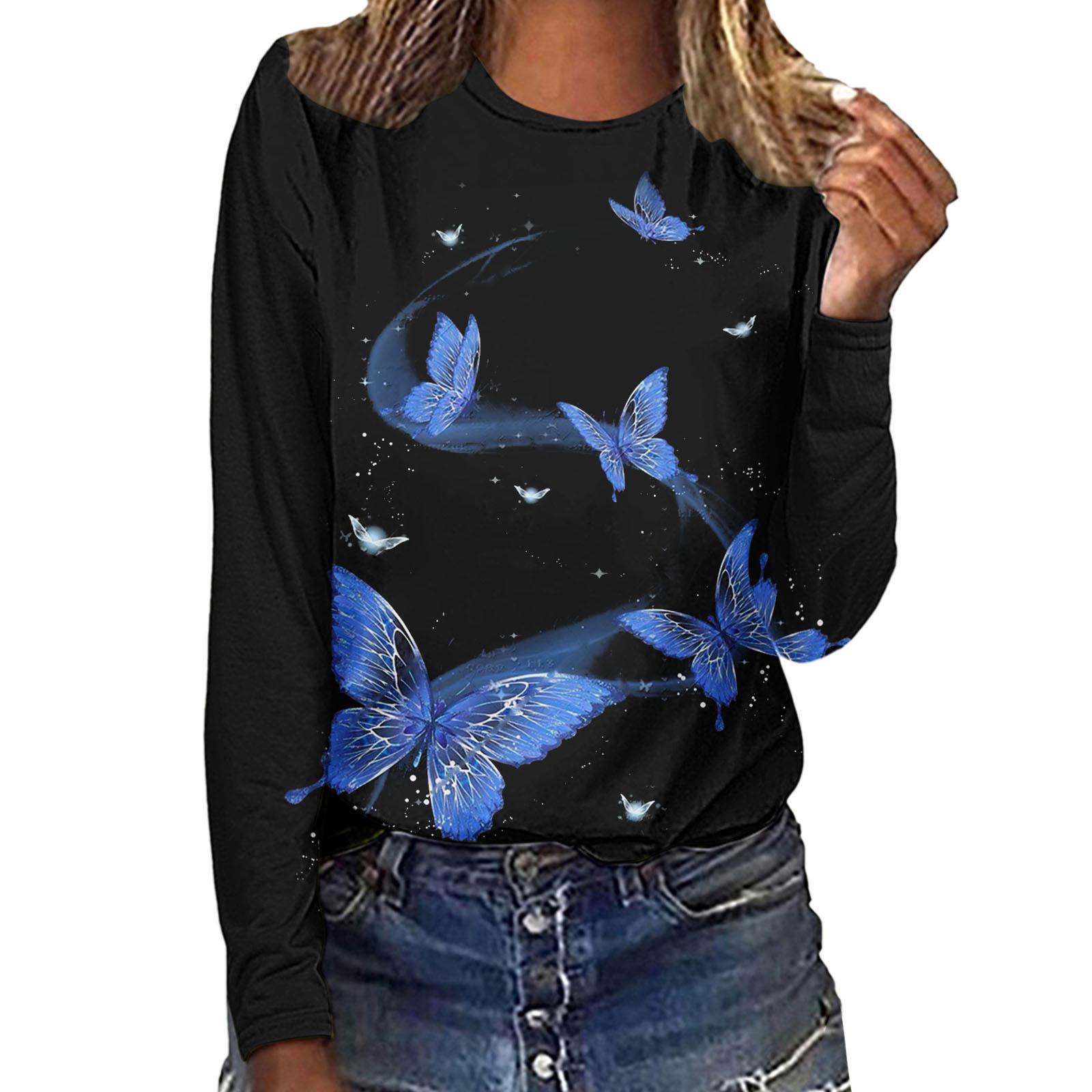 

Весенне-осенние футболки с круглым вырезом, 3D-принтом в виде бабочек и цветов, модные повседневные женские футболки с длинным рукавом S