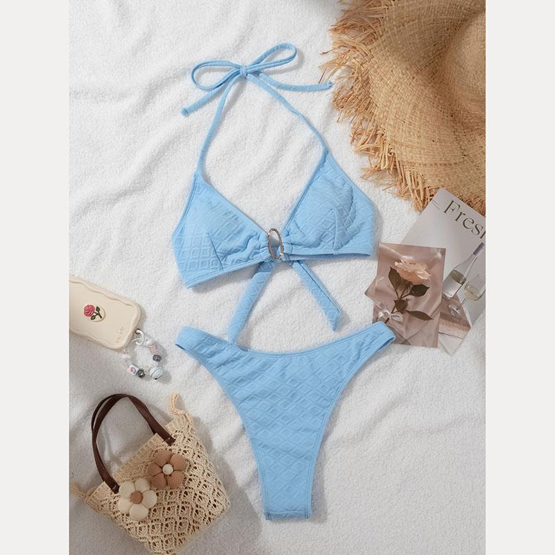 Bathing Suit Women Sexy Solid Color Bikini Set Drawstring Beachwear Summer Halter Lace Up Two-piece Swimwear