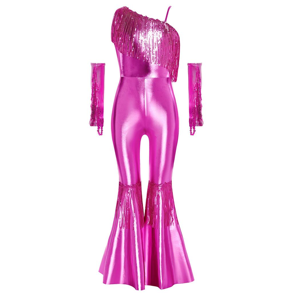 Girls Sequined One Shoulder Jumpsuit Sleeveless Disco Dance Costume High Waist Flared Design Tassel Details Gloves Included