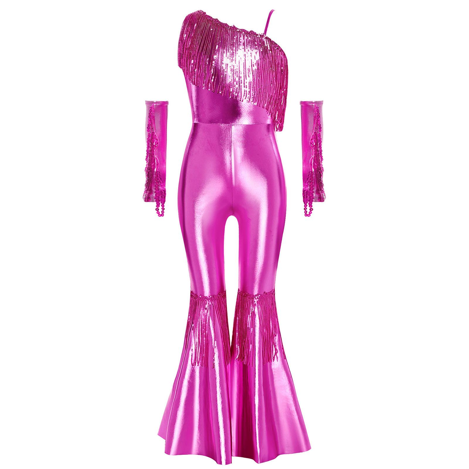 

Girls Jazz Disco Dance Costume Sleeveless One Shoulder Sequins Tassels High Waist Flared Jumpsuit гарячі рожевого кольору