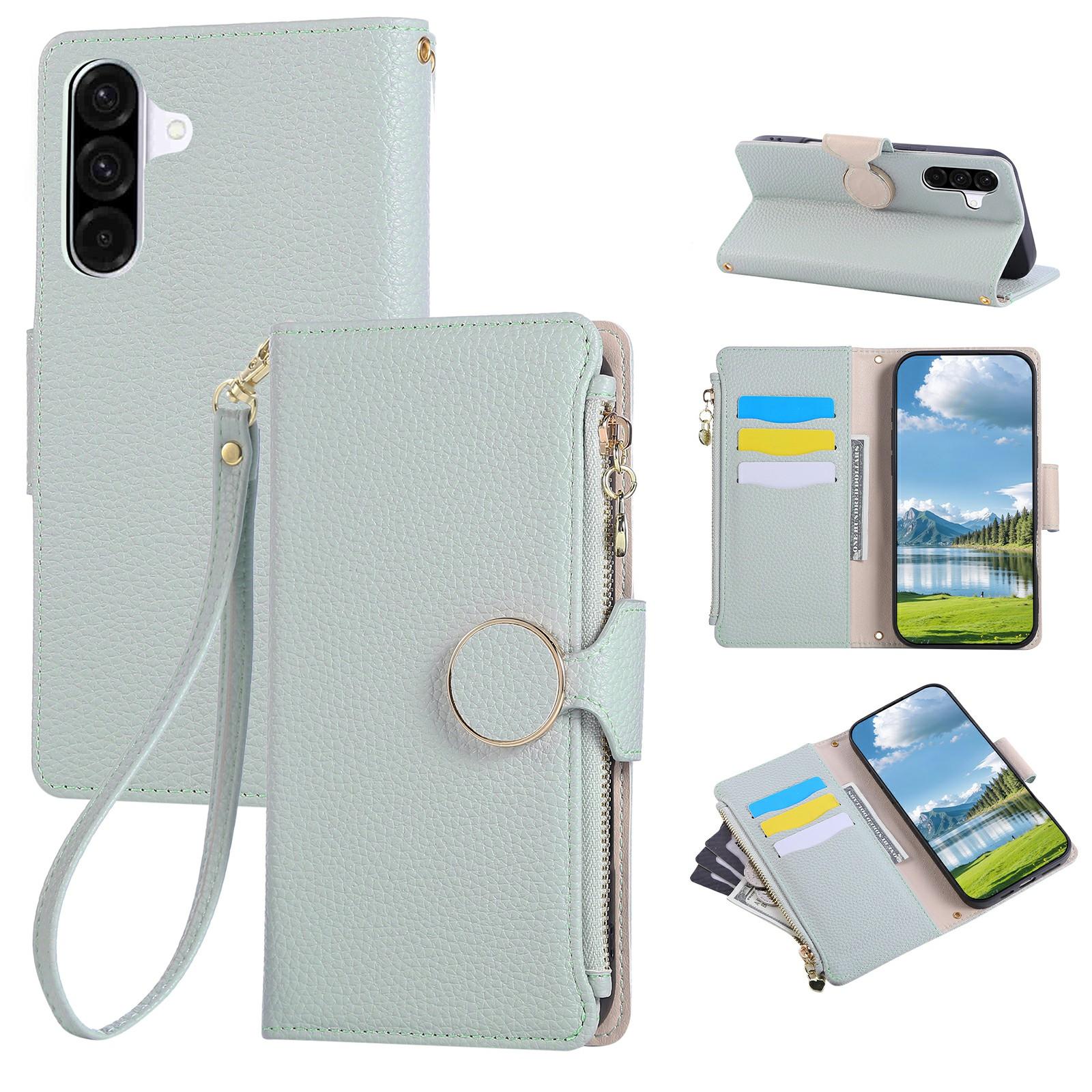 

For Samsung Galaxy S25+/S24+ Case Zipper Wallet Leather Phone Cover with Wrist Strap Cyan