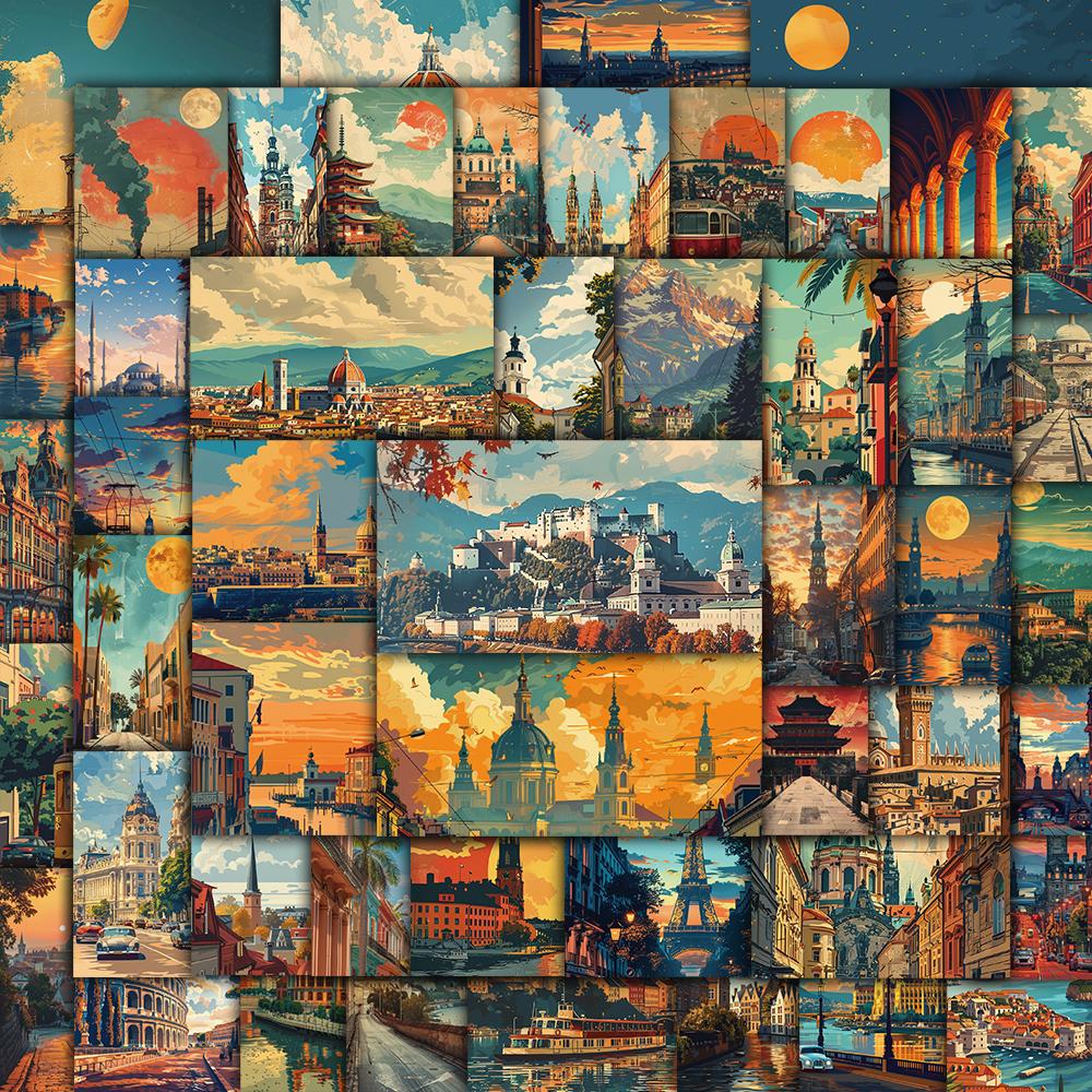 

50/100PCS Cute Retro Landscape Painting Sticker Decorative Skateboard Graffiti Cartoon Phone Laptop Luggage Art Aesthetic Decals