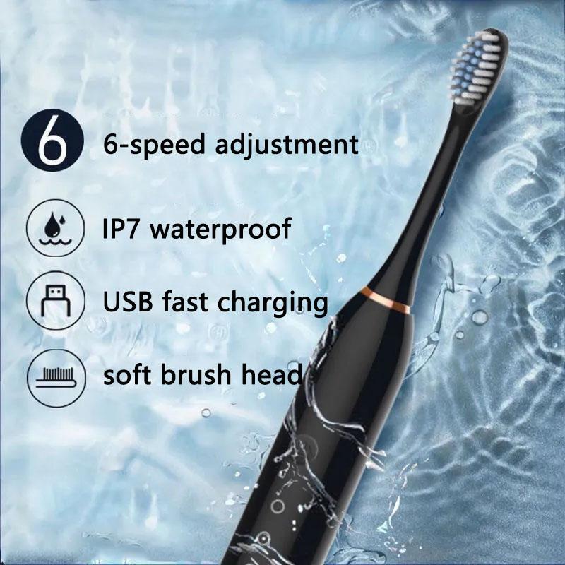 USB Rechargeable 6-speed Adjustable Electric Toothbrush Sonic Vibration Toothbrush Head Deep Clean Electric Toothbrush with 4 Brush Heads