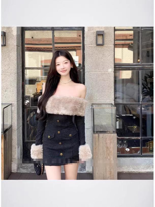 French Style Fur Patchwork One-Shoulder Winter Dress Small чёрный