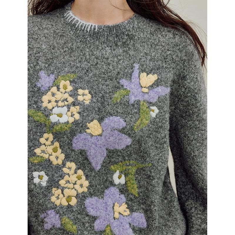 INMAN Women's Dark Heather Grey Embroidered Knit Sweater