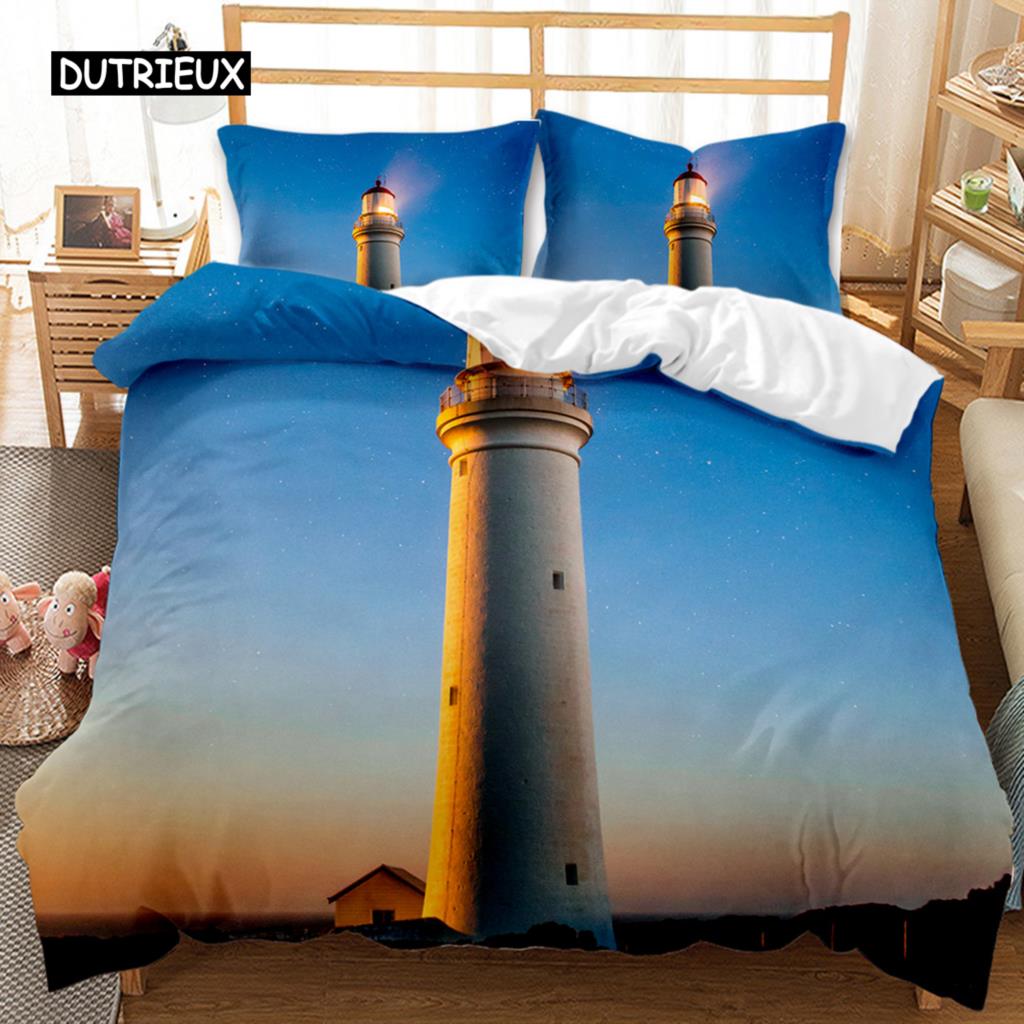 Lighthouse Duvet Cover Ocean Comforter Cover Nautical Quilt Cover Sunset Nature Double Queen King Size Polyester Bedding Set