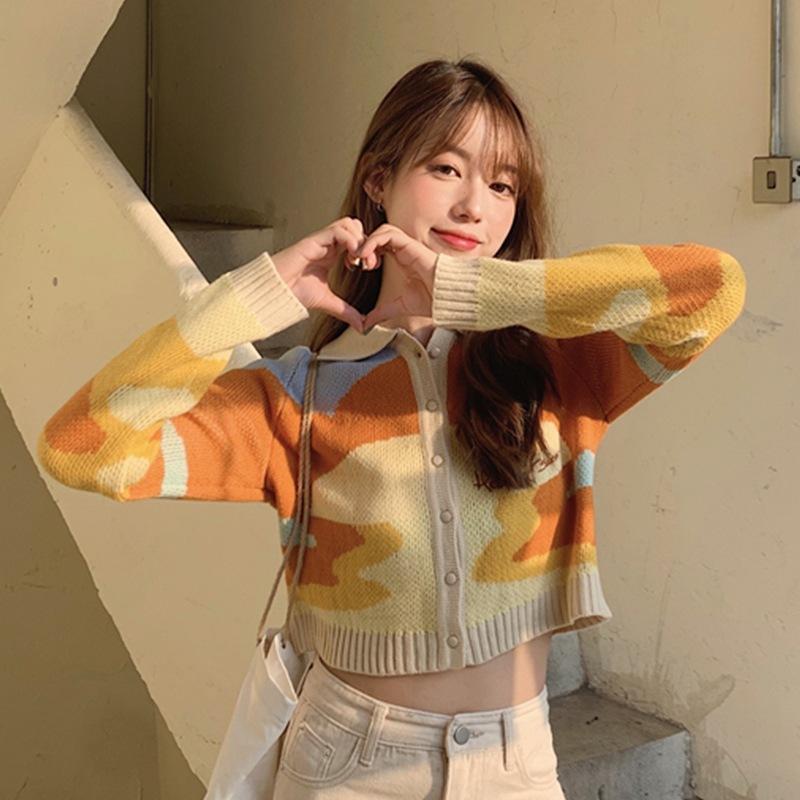 Women's Sweater Spring and Autumn New Polo Collar Short Knitted Cardigan