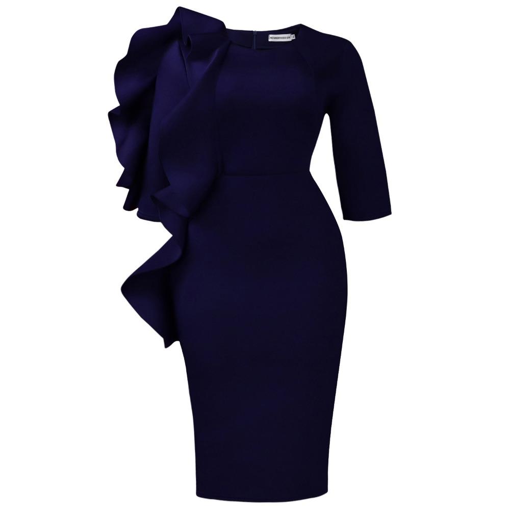 Women s Round Neck Three Quarter Sleeve Pencil Midi Dress High Waist Elegant Ruffle Bodycon Dress S темно-синий