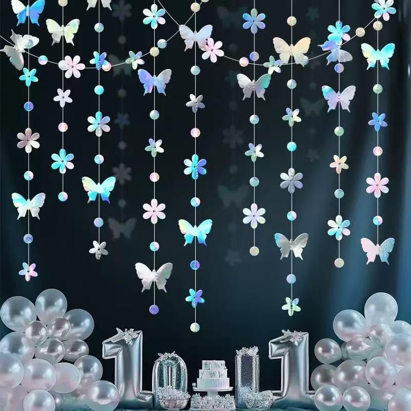52.5 Ft Iridescent Butterfly Garland Butterfly Flower Circle dot Hanging Paper Banner Streamer for Birthday Baby Shower Wedding Party Decorations