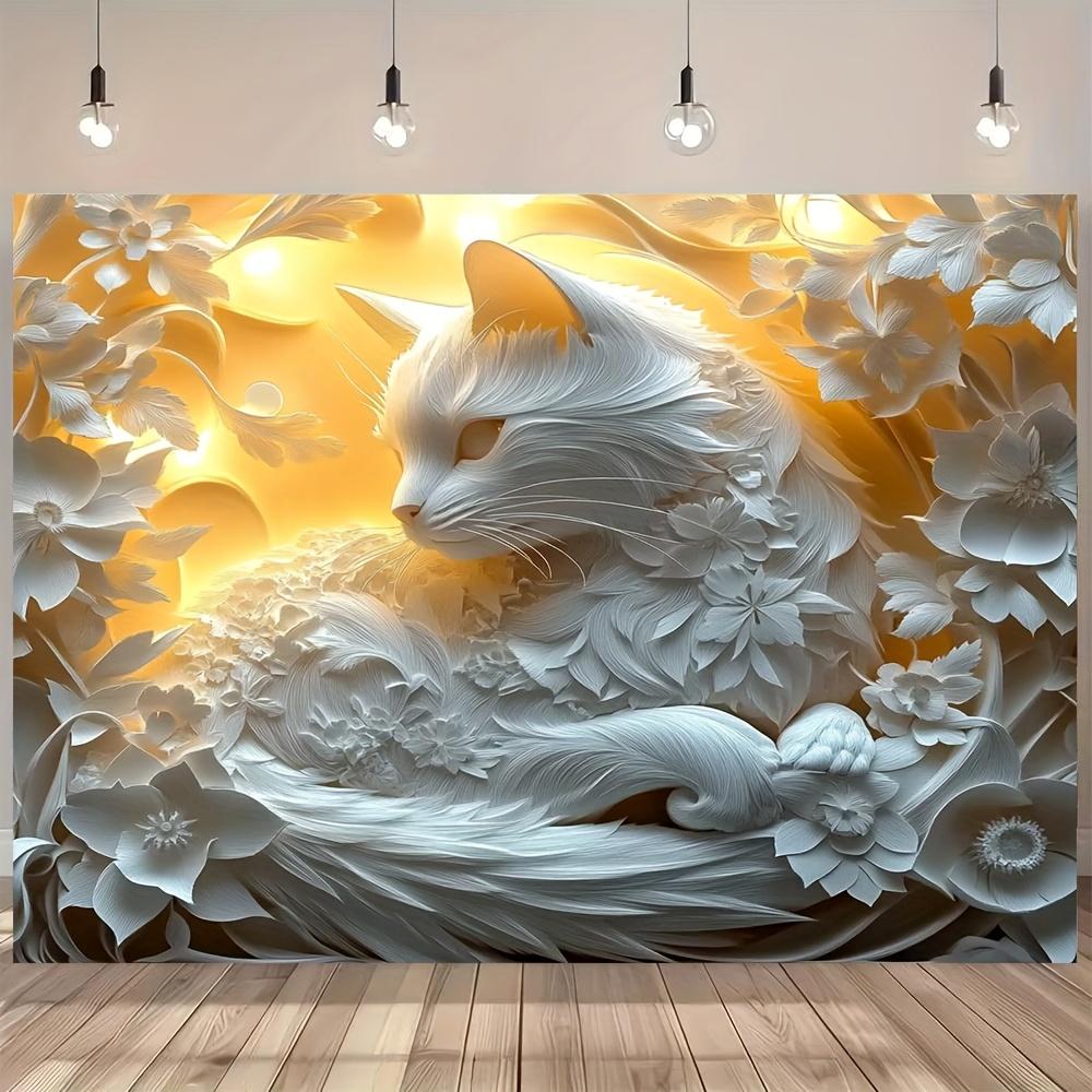 Elegant White Cat Tapestry with 3D Floral Design Perfect for Adding Artistic Beauty to Any Room Decor Ideal for Home or Office
