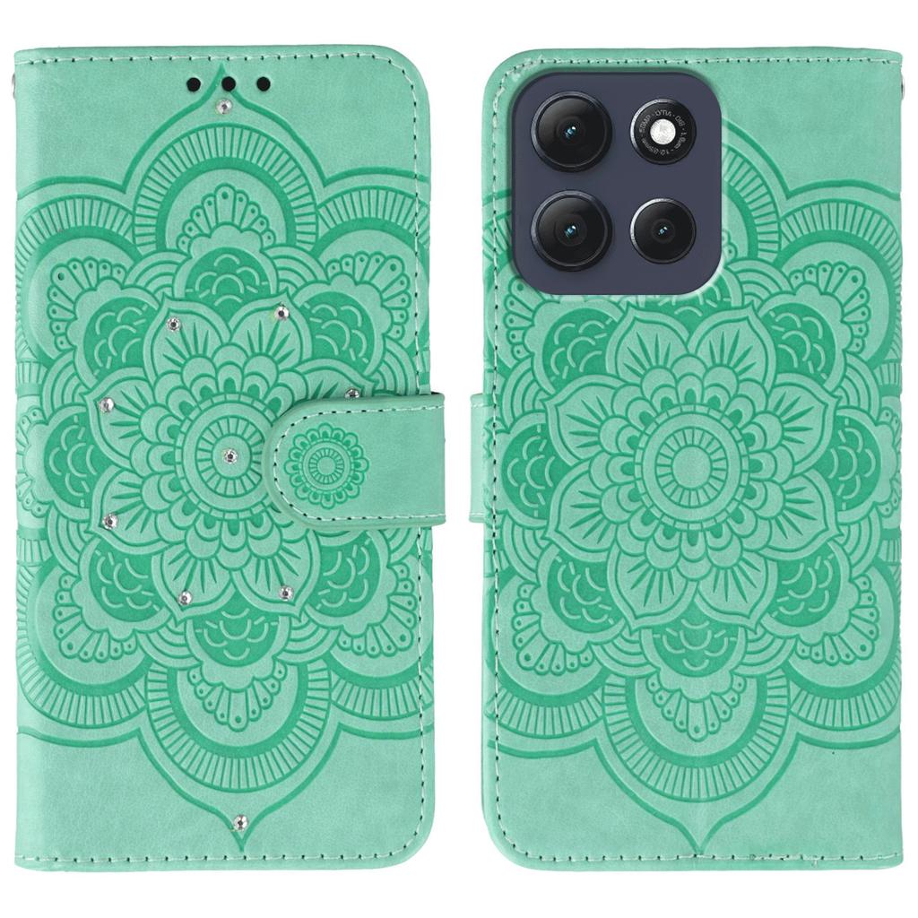 For Motorola Moto G86 5G Case Rhinestone Decor PU Leather Mandala Imprinted Design Phone Cover with Wrist Strap