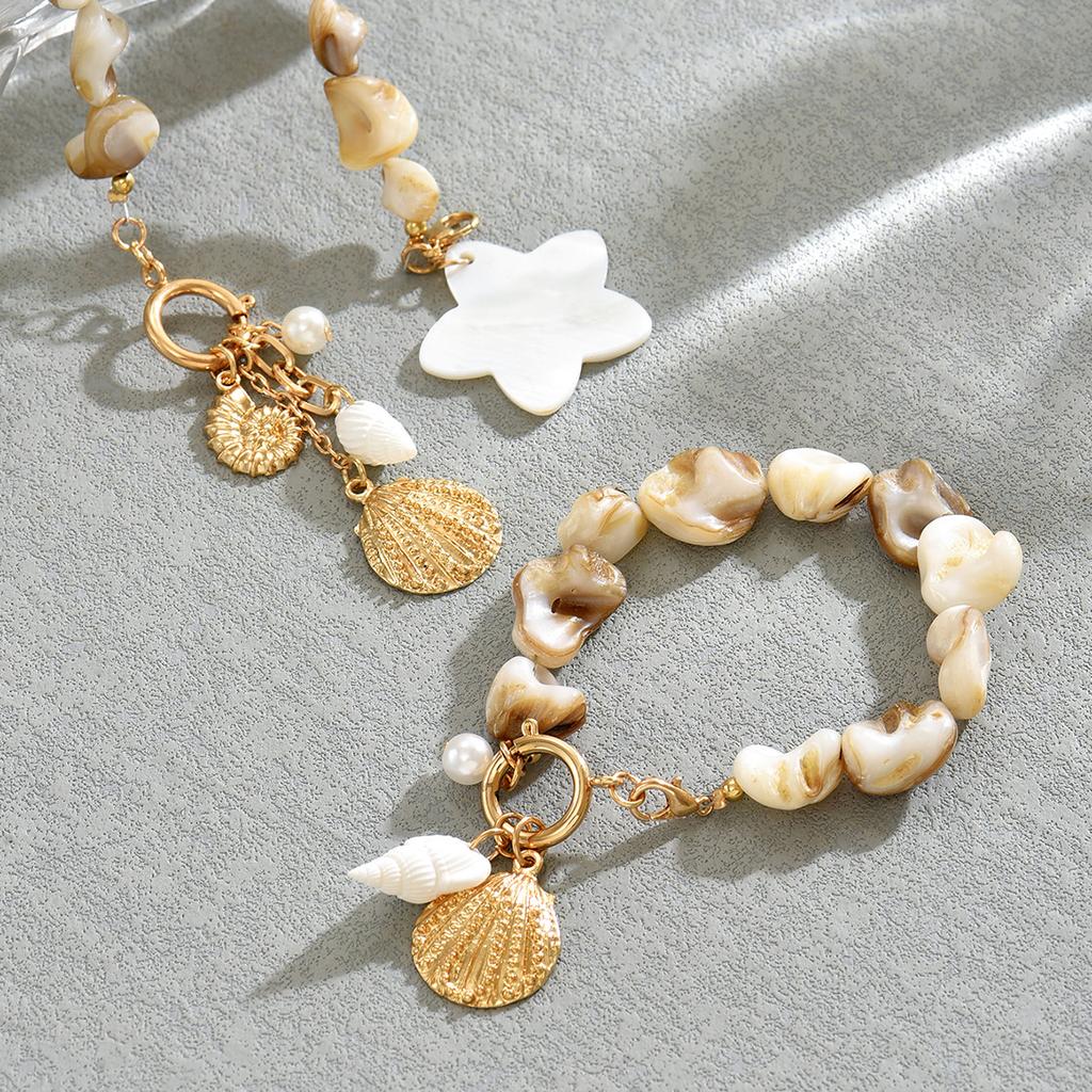 Collier Bracelet Perles Coquillages Style Bohème Vintage Breloque Coquillage Bijoux Cadeau Vacances d'Été Plage pour Femmes