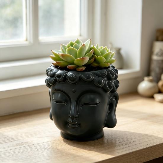 Buddha Head Flower Pot Buddha Head Sculpture Decoration Meditation Buddha Statue Planter for Home Desk Corner