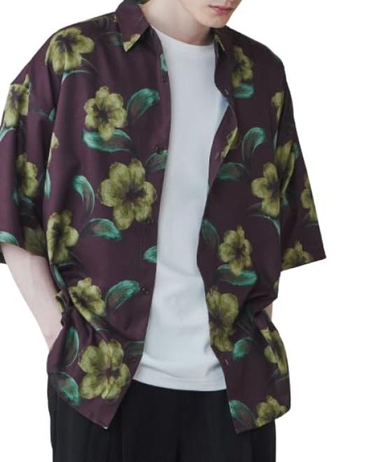 WEGO Print Short Loose Korean Size Pattern 7 Men's All-Over Shirt, Sleeve, Fit, Oversized, Style, Stylish, Spring/Summer, Autumn, L,