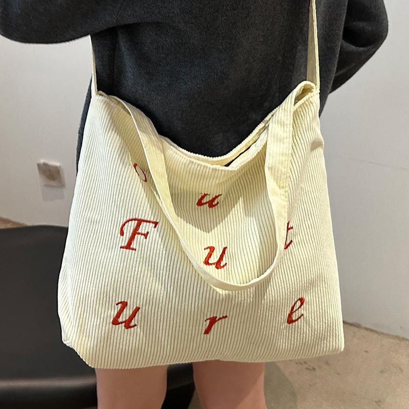 Niche Design Letter Embroidery Tote Cloth Bag Women'S Corduroy Shoulder Bag Messenger Bag Large Capacity Casual Bag