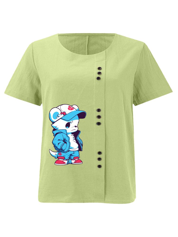 

Women s Fashion Blue Bear Print Shot Sleeve T-shirt Loose Cotton Shirt Casual Loose Summer Blouse Tops Plus Size 5XL зелений